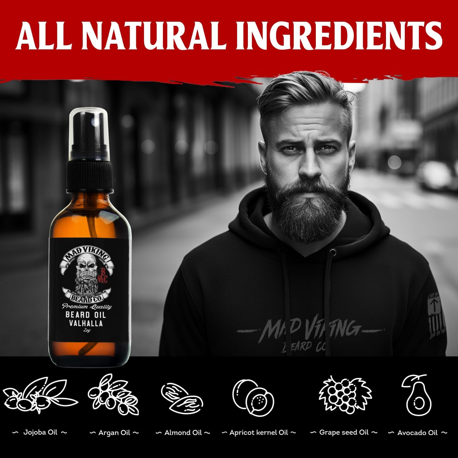Mad Viking Valhalla Beard Oil - Hydrate, Soften and Grow Your Beard Naturally. Fight Itch and Dandruff with a Smooth Sandalwood & Vanilla Scent, Made in the USA - 2Oz
