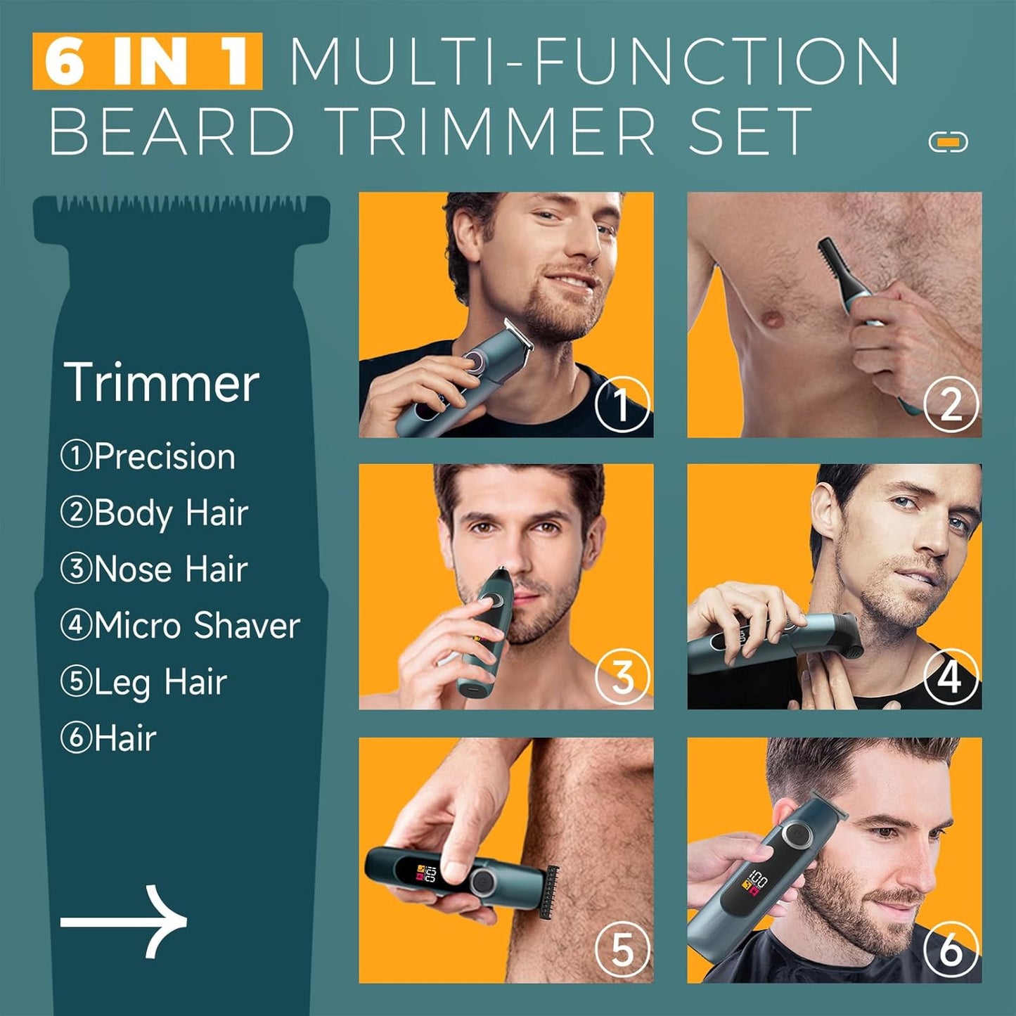 Beard Trimmer for Men Professional, Mustache Trimmer for Men, Mens Beard Grooming Kit, Nose Hair Trimmer, 6 in 1 Waterproof Rechargeable Electric Razor with Cordless Hair Clipper,Valentine'S Day Gifts