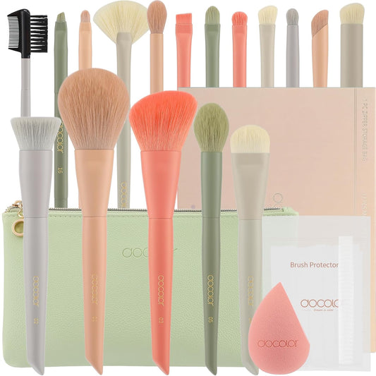 Makeup Brushes 17+2 Pcs with Makeup Bag and Makeup Sponge and Brush Protector Morandi Makeup Brush Set Premium Synthetic Hair Makeup Brush Wooden Handle Gift Box