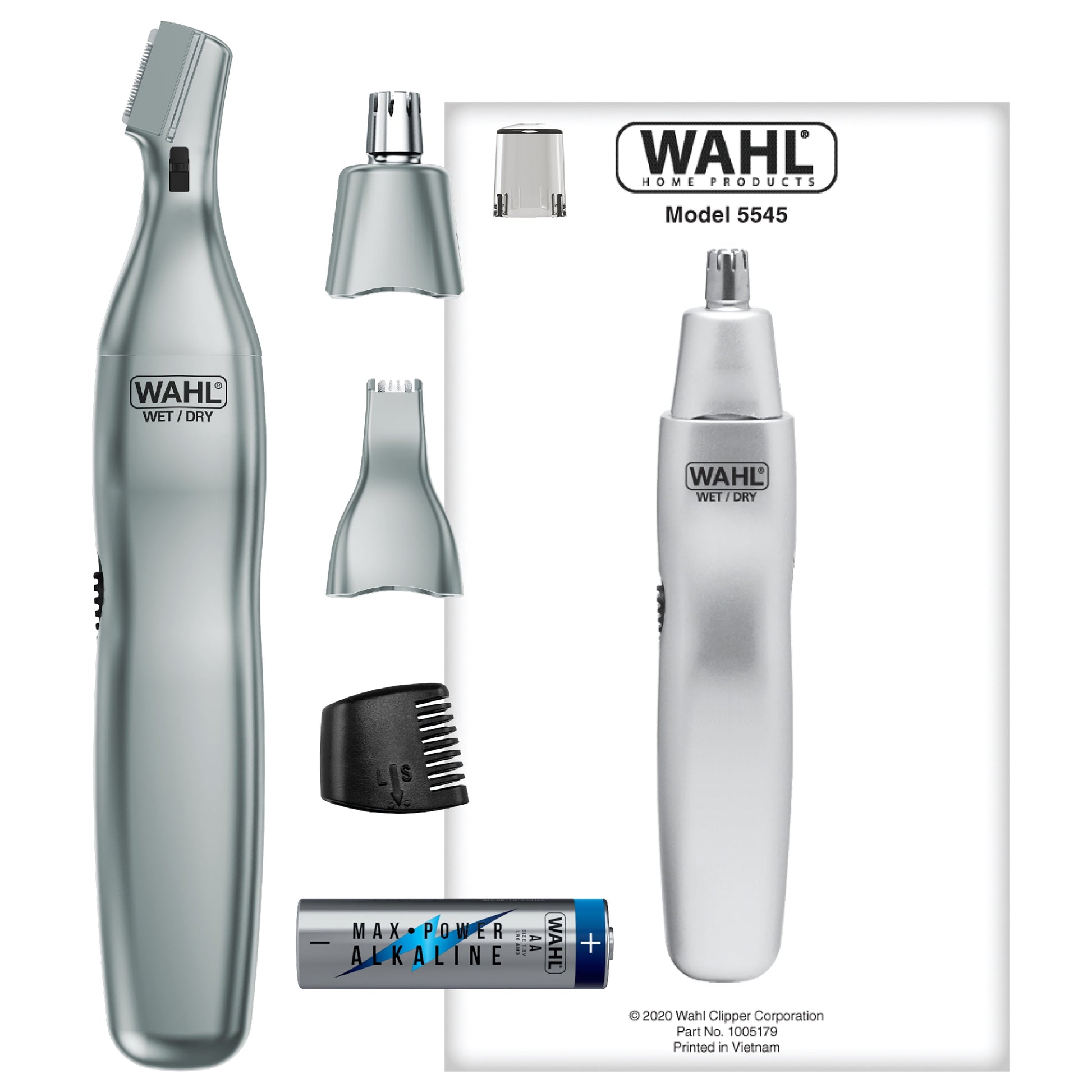 Nose, Ear & Eyebrow Hair Trimmer for Men, Cordless Battery Electric Trimmer, Silver, Model 05545-400