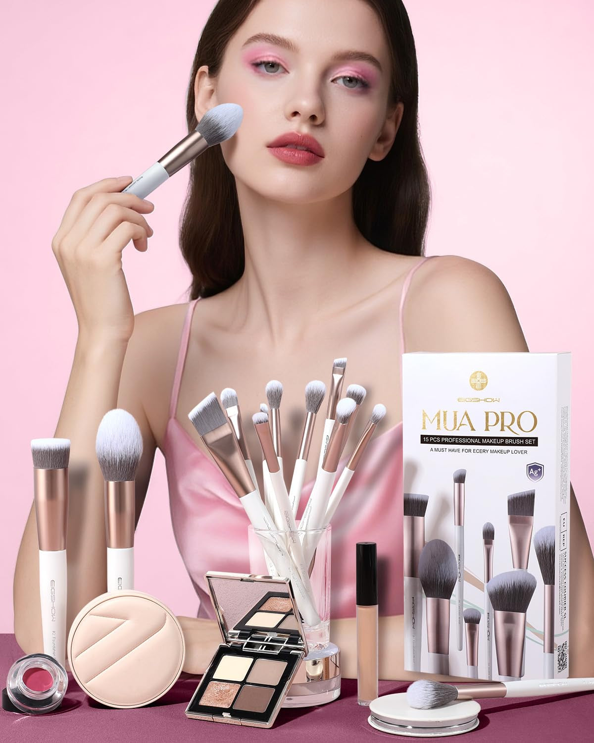 Makeup Brushes Set, 15Pcs Professional Make up Brush with Silver Ion Bristles for Foundation Powder Blush Highlighter Concealer Eyeshadow Eyeliner, Travel Gift Set (Champaign Gold)
