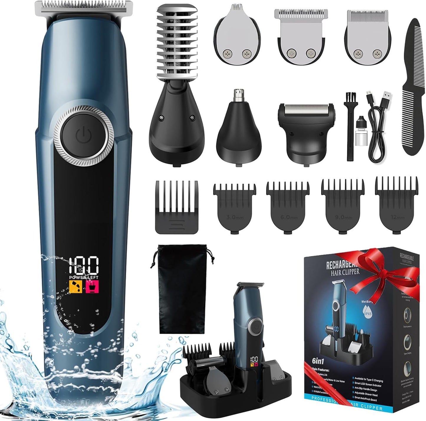 Beard Trimmer for Men Professional, Mustache Trimmer for Men, Mens Beard Grooming Kit, Nose Hair Trimmer, 6 in 1 Waterproof Rechargeable Electric Razor with Cordless Hair Clipper,Valentine'S Day Gifts
